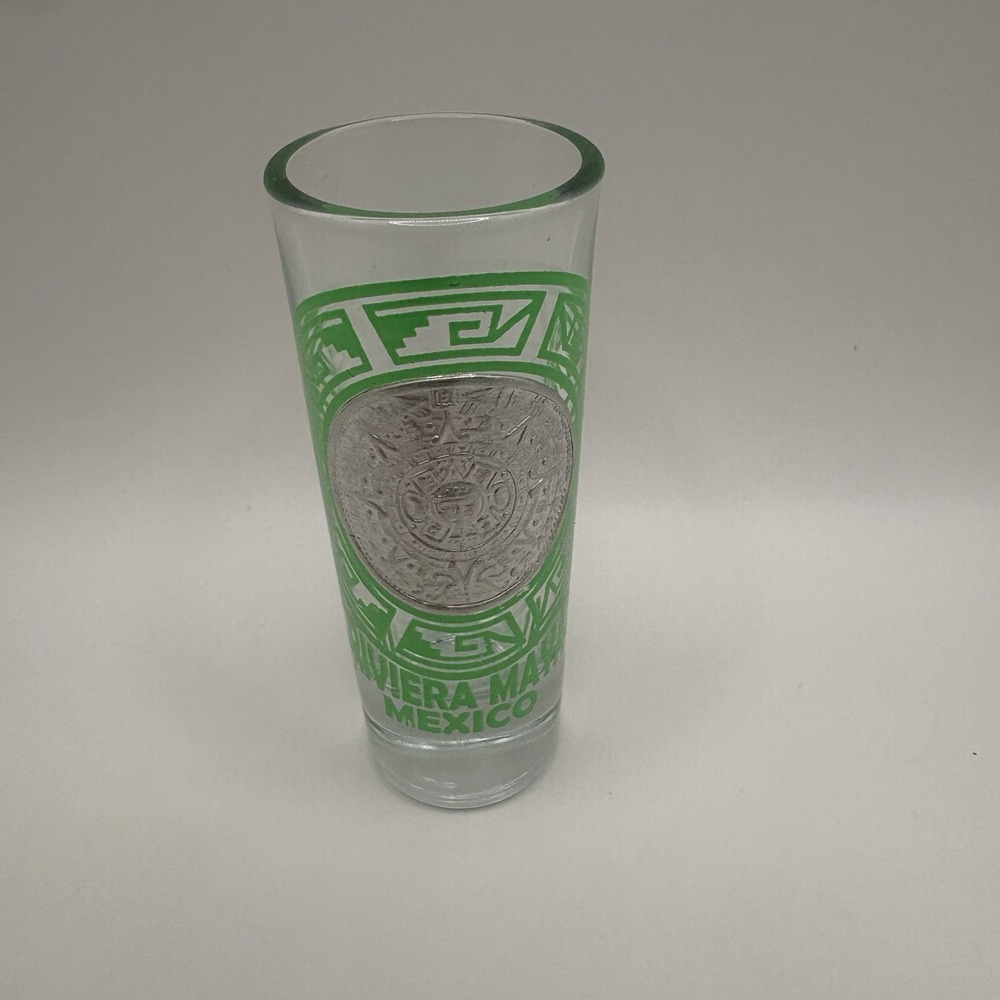 Souvenir Shot Glass Riveria Maya Green Foil Emblem Mayan Aztec Tall 2 oz